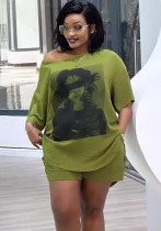 Women Printed Slash Shoulder Top and Shorts Two-piece Set Women Printed Slash Shoulder Top and Shorts Two-piece Set