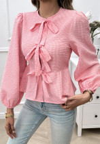 Women Casual Puff Sleeve Round Neck Loose Long Sleeve Shirt