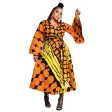 Plus Size African Women's Printed Wrap V-Neck Long Sleeve Maxi Dress