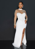 Women Beaded See-Through Bodycon Stretch Slit Dress