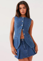 Summer Fashion Casual Sleeveless Denim Vest High Waist Short Skirt Women's Two Piece Set