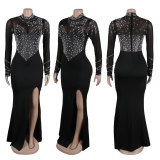 Women Beaded See-Through Bodycon Stretch Slit Dress