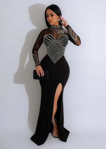 Women Beaded See-Through Bodycon Stretch Slit Dress
