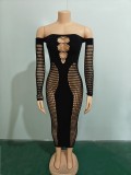 Off Shoulder Long Sleeve Stretch See Through Sexy Dress