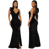 Fashion Women's Clothing Solid Color Strap Sexy Sequin Long Dress Slit Evening Dress