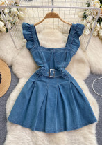 Women's Ruffled Strap Women's Denim A-Line Short Dress Women's Ruffled Strap Women's Denim A-Line Short Dress