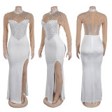 Women Beaded See-Through Bodycon Stretch Slit Dress