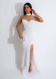Women Beaded See-Through Bodycon Stretch Slit Dress