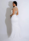Women Beaded See-Through Bodycon Stretch Slit Dress
