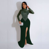 Women Beaded See-Through Bodycon Stretch Slit Dress