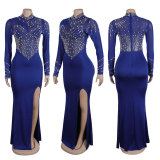Women Beaded See-Through Bodycon Stretch Slit Dress