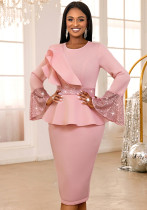 Women Round Neck Bell Bottom Sleeve Party Ruffle Sequin Dress Women Round Neck Bell Bottom Sleeve Party Ruffle Sequin Dress