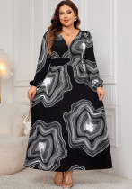 Printed Long-Sleeved V-Neck Loose Plus Size Dress Printed Long-Sleeved V-Neck Loose Plus Size Dress