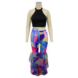Women's Tie-dye Print Bell Bottom Pants Ruffled trousers