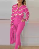Women Long Sleeve Printed Shirt + Solid Pant Casual Two-Piece Set (No Jacket)