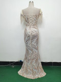 Off Shoulder Tassels Fishbone Slim Waist Lace-Up Sequin Evening Dress