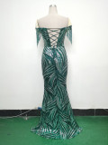 Off Shoulder Tassels Fishbone Slim Waist Lace-Up Sequin Evening Dress