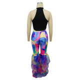 Women's Tie-dye Print Bell Bottom Pants Ruffled trousers