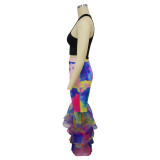 Women's Tie-dye Print Bell Bottom Pants Ruffled trousers