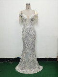 Off Shoulder Tassels Fishbone Slim Waist Lace-Up Sequin Evening Dress