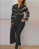 Women Long Sleeve Printed Shirt + Solid Pant Casual Two-Piece Set (No Jacket)