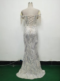 Off Shoulder Tassels Fishbone Slim Waist Lace-Up Sequin Evening Dress