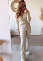 Women autumn solid v neck knitting top and trousers two-piece set Women autumn solid v neck knitting top and trousers two-piece set