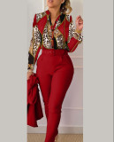 Women Long Sleeve Printed Shirt + Solid Pant Casual Two-Piece Set (No Jacket)