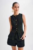 Summer Fashion Casual Sleeveless High Waist Women's Two Piece Denim Shorts Set