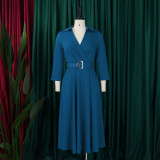 Plus Size Women Autumn Turndown Collar Solid Dress