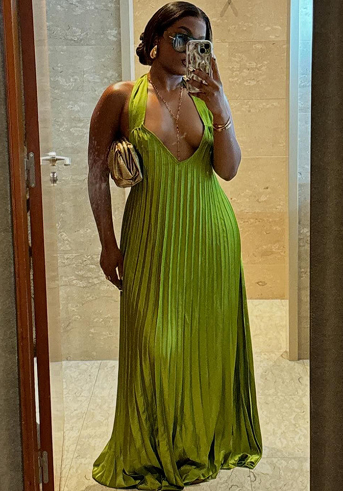 Halter V-Neck Backless Pleated Dress for Autumn Events