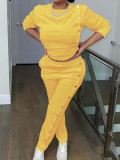 Women Button Fashion Long Sleeve Top and Long Pants Casual Two-piece Set