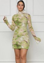Women Sexy Stretch Mesh Round Neck Print Dress Women Sexy Stretch Mesh Round Neck Print Dress