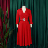 Plus Size Women Autumn Turndown Collar Solid Dress