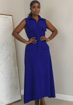 Women Turndown Collar Sleeveless Pocket Maxi Dress Women Turndown Collar Sleeveless Pocket Maxi Dress