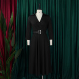 Plus Size Women Autumn Turndown Collar Solid Dress