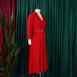 Plus Size Women Autumn Turndown Collar Solid Dress