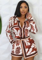 Women Casual Printed Long Sleeve Top and Shorts Two-piece Set Women Casual Printed Long Sleeve Top and Shorts Two-piece Set