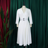 Plus Size Women Autumn Turndown Collar Solid Dress
