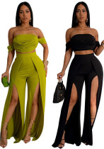 Women Strapless Top and Slit Wide Leg Pants Two-Piece Set Women Strapless Top and Slit Wide Leg Pants Two-Piece Set