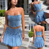 Summer Strapless Denim Suit Sexy Strapless Crop Vest High Waist Split Pleated Skirt Two Piece Set