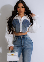 Women's Autumn Denim Patchwork Crop Bell Bottom Sleeve Women's Shirt Women's Autumn Denim Patchwork Crop Bell Bottom Sleeve Women's Shirt