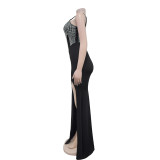 Fashionable Women's Strap V-Neck Beaded Slit Long Dress