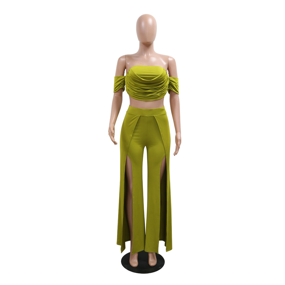 Women Strapless Top and Slit Wide Leg Pants Two-Piece Set