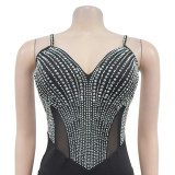 Fashionable Women's Strap V-Neck Beaded Slit Long Dress