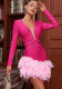 Women French V Neck Patchwork Diamond Long Sleeve Feather Bandage Dress