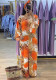 Fashion Print  V-Neck Long Sleeve Slit Casual Loose Long Dress