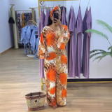 Fashion Print  V-Neck Long Sleeve Slit Casual Loose Long Dress