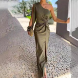 Summer Slash Shoulder Slit Solid Color Slim Long Dress