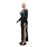 Women Round Neck Long Sleeve Beaded Hollow High Slit Dress